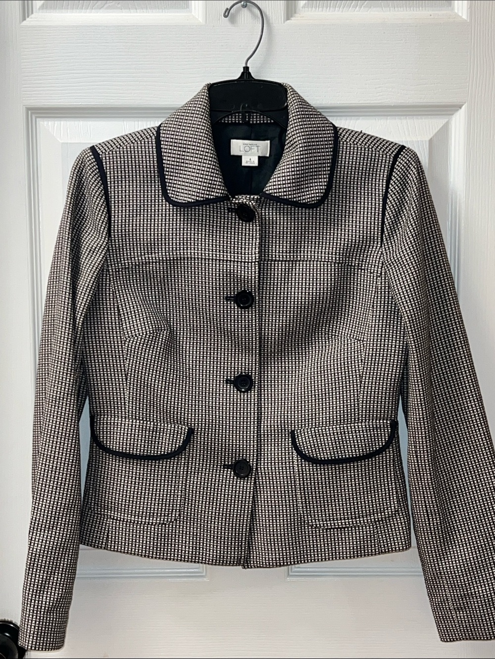 LOFT Black and White Tweed Blazer with Piped Trim